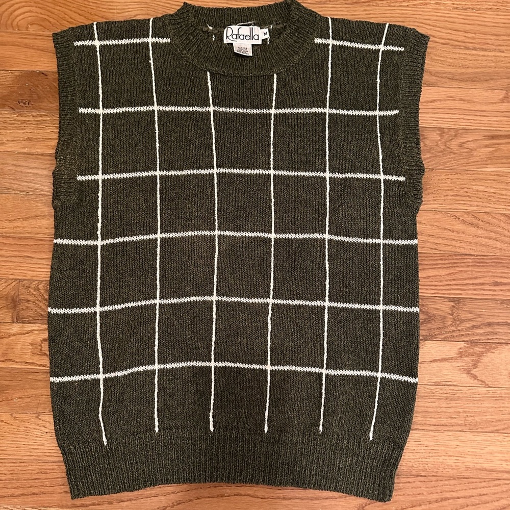 Rafaella women’s sweater vest. Green with white stripe design.